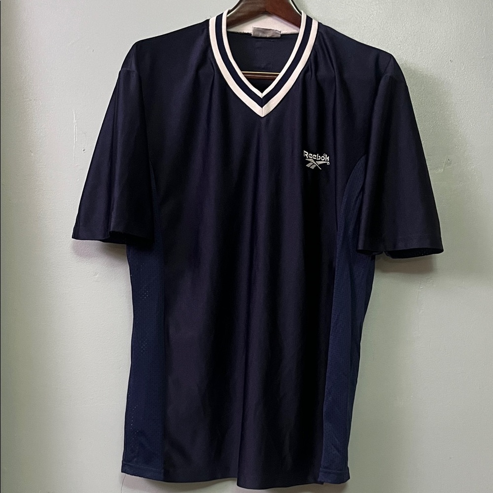 Vintage 90’s Reebok Men's Dark Blue V-Neck Jersey